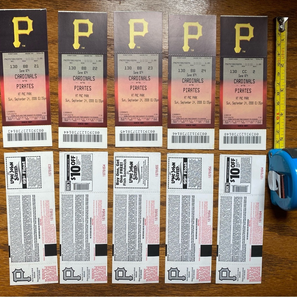 2008 unused Pirates vs Cardinals game tickets.  Set of 10 Random seats.